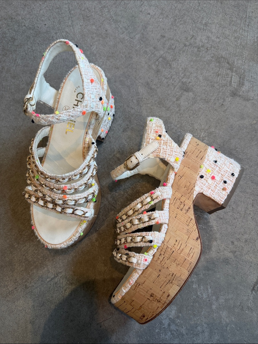 Chanel White Tweed Platform Sandals with Multicolor Accents - Women